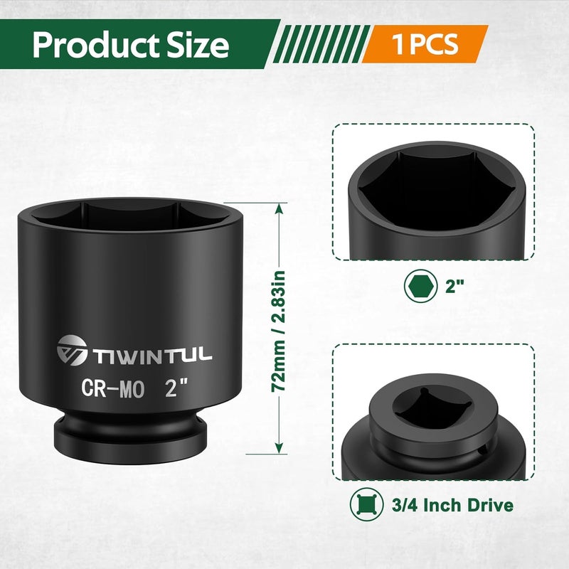 TIWINTUL 3/4 Inch Drive Impact Socket 2 inch, Anti-Rounding 6-Point Design SAE Socket, Heat-Treated CR-MO, Black Phosphate Finish, Axle Nut Socket for Auto Repair, Easy Removal - Image 2